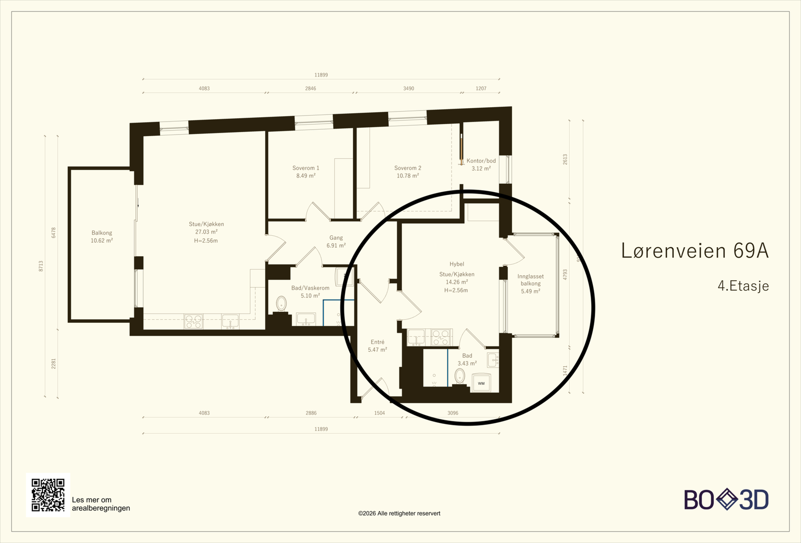 Hybel med kombinert stue og kjøkken samt eget baderom. Galleribilde