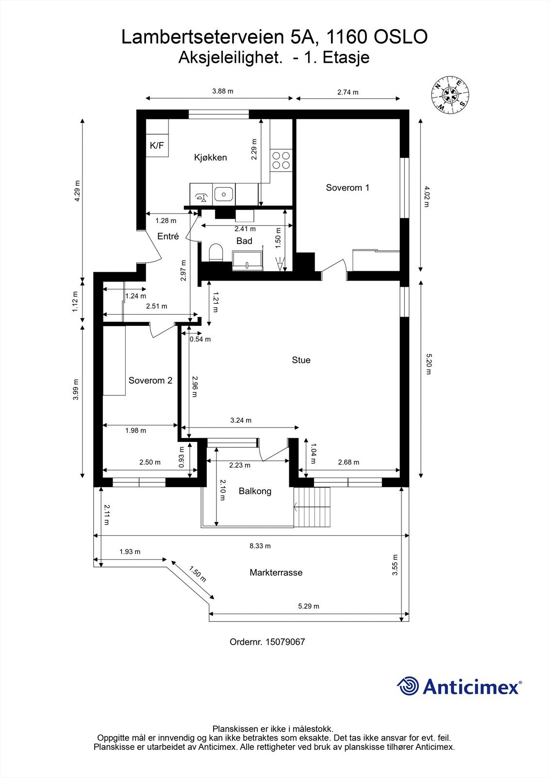Leiligheten har en arealeffektiv planløsning på 67 m² som omfatter entré, to soverom, bad, kjøkken og stue. Galleribilde