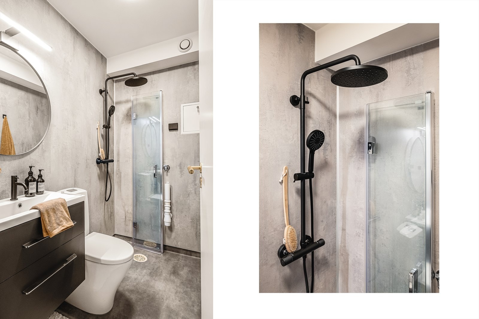 Badet måler 2,6 kvm og er innredet med dusj, toalett, baderomsinnredning og opplegg for vaskemaskin. Galleribilde