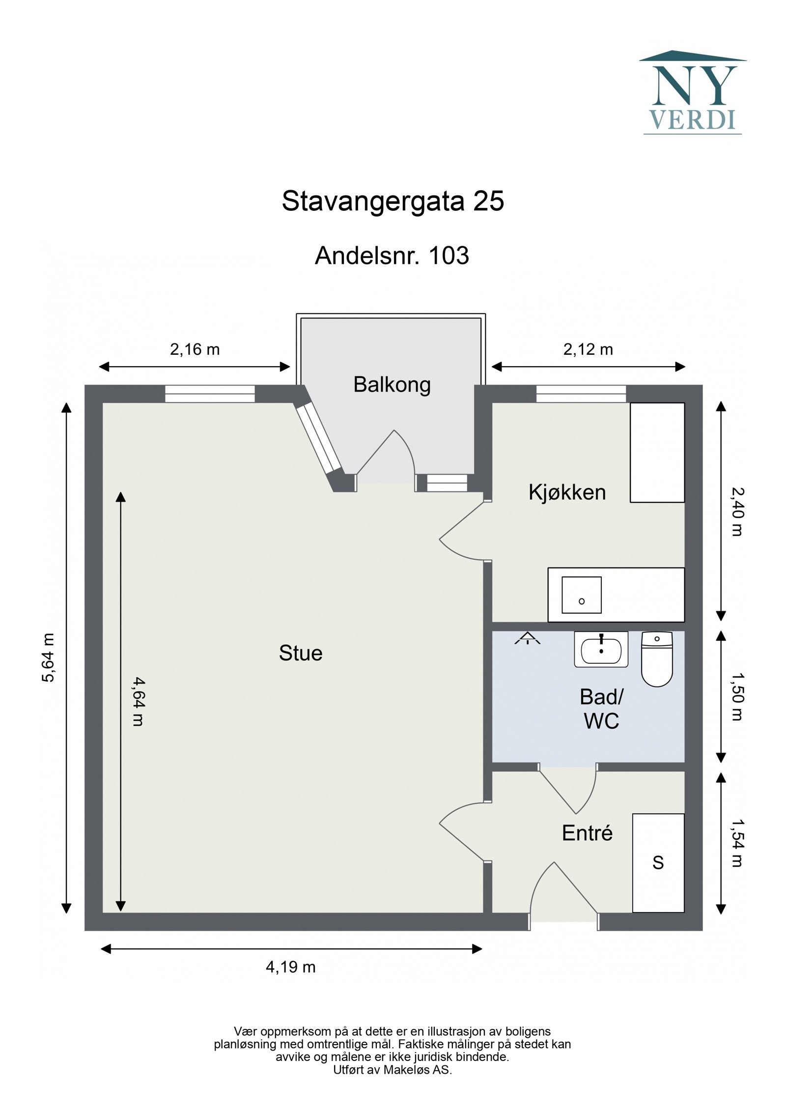 Plantegning 5. etasje med heis. I tillegg disponerer leiligheten en loftsbod på ca. 1,3m². Galleribilde