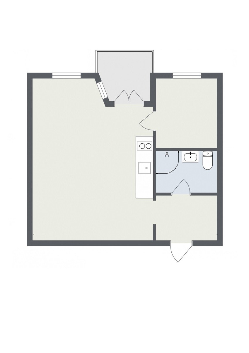 Alternativ planskisse som 2-roms. Mange av leilighetene i borettslaget er bygget om på denne måten. Galleribilde