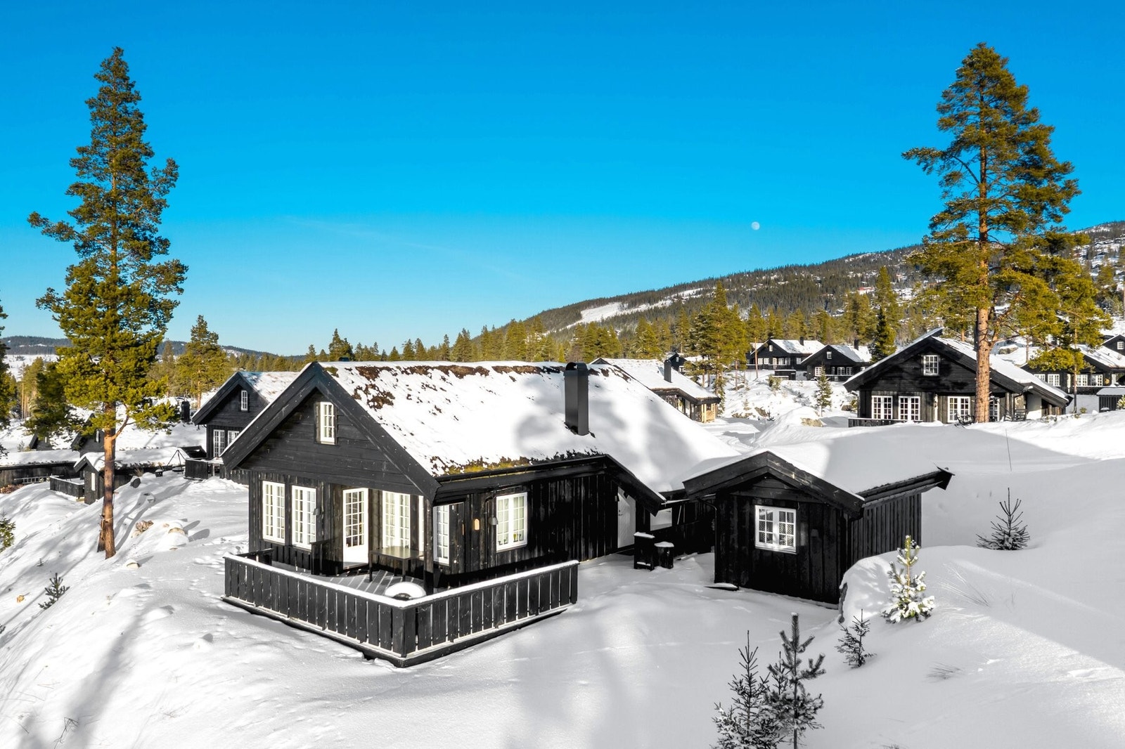 Hytta ligger ca 735 moh i et hyggelig hytteområde. Galleribilde