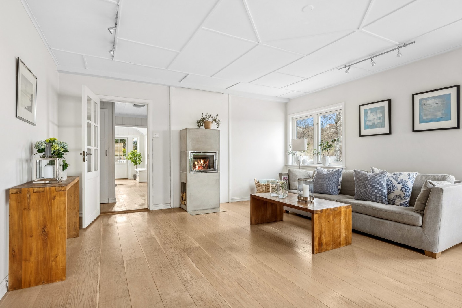 Stue med peisovn og utgang til stor terrasse. Galleribilde