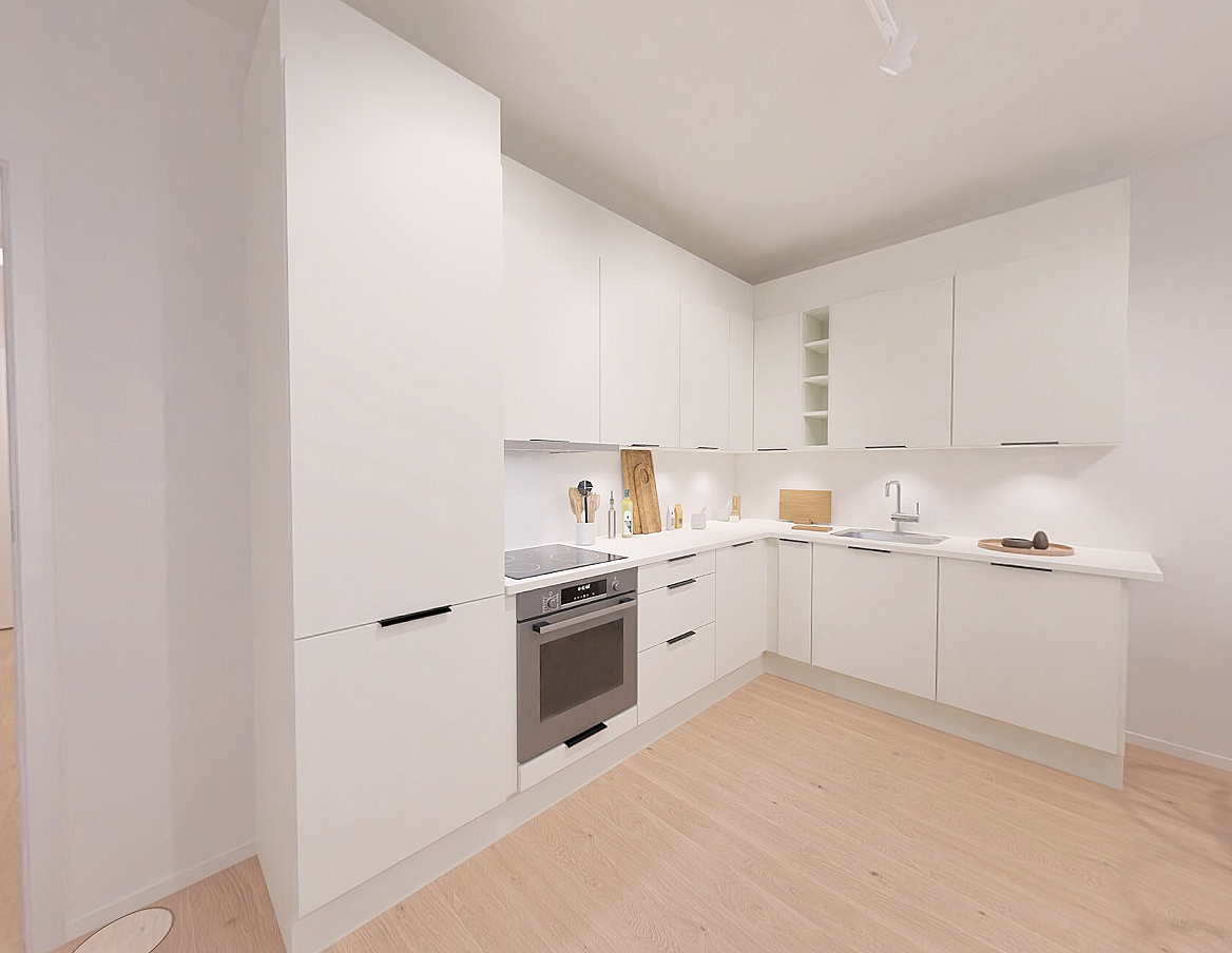 Lyst og pent kjøkken med rikelig skap- og benkeplass, samt integrerte hvitevarer. Galleribilde