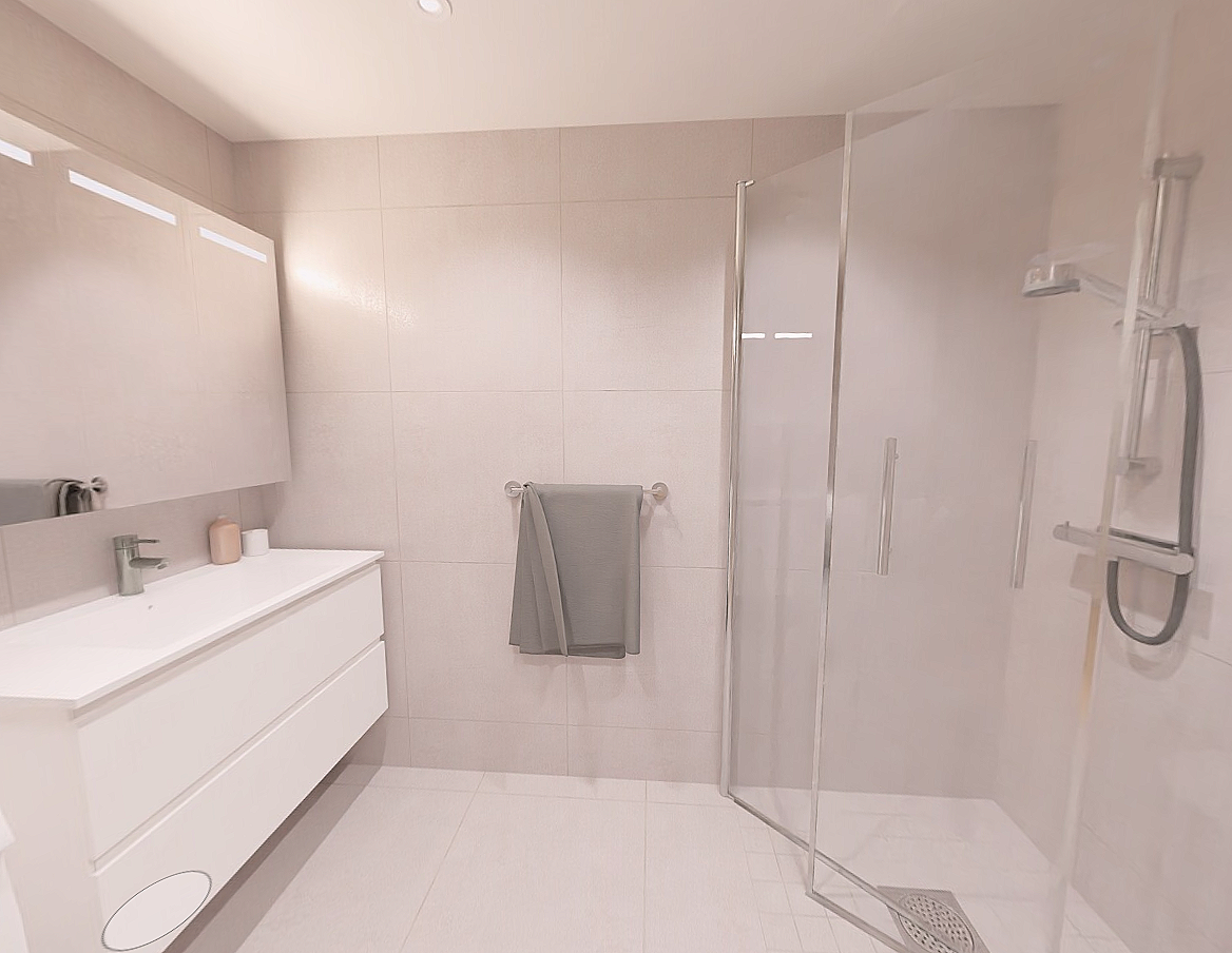 Lekkert bad med beige storformat-fliser (60x60) og moderne innredninger. I tillegg har leiligheten et praktisk vaskerom med opplegg for vaskemaskin. Galleribilde