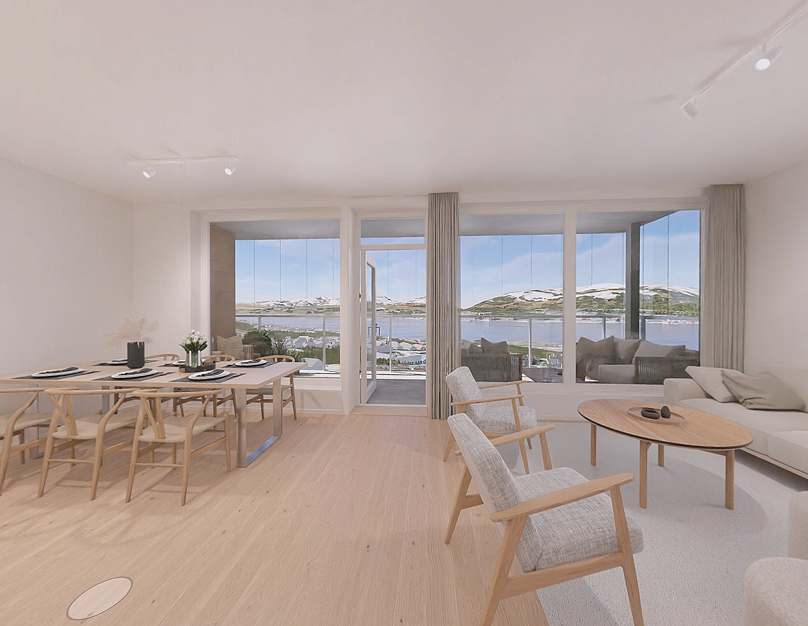 Stuen får svært god tilførsel av dagslys fra store vinduer, med utsøkt utsikt og en særdeles innbydende atmosfære. Galleribilde