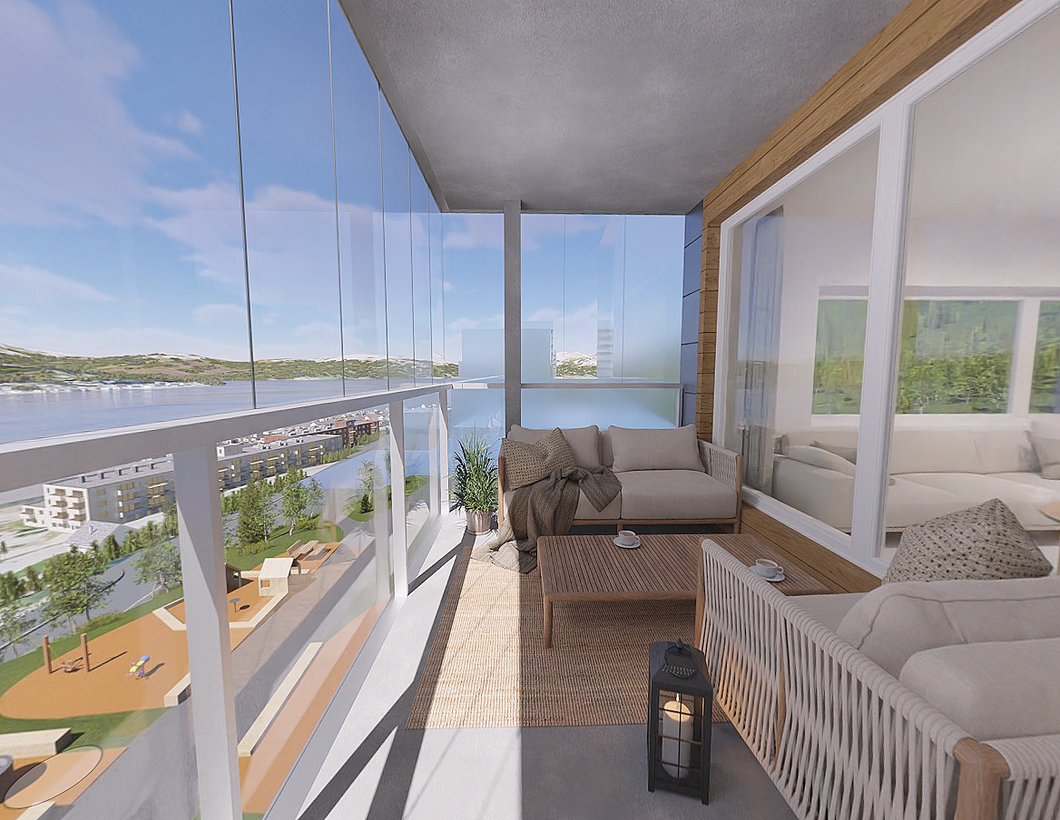 Utgang fra stue til innglasset balkong på ca. 18 m², med god plass til ønsket utemøblement og svært gode solforhold. Galleribilde