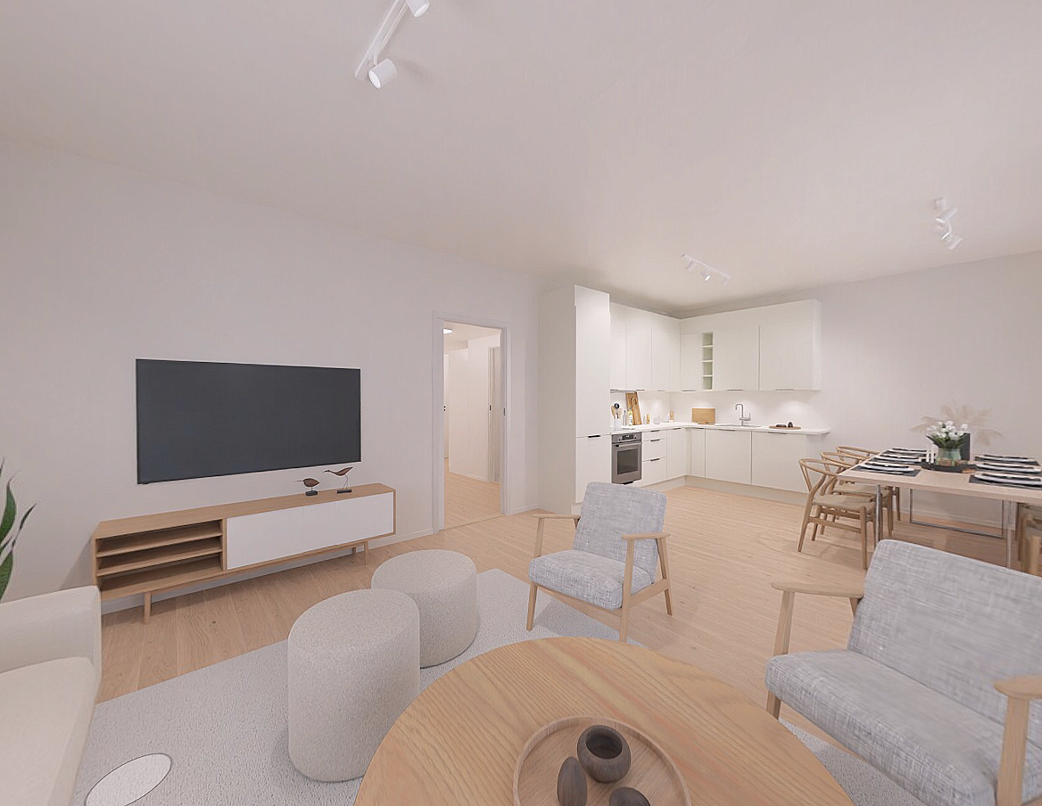 Stue og kjøkken i åpen og sosial løsning, med god plass til både sitte- og spisegruppe. Galleribilde