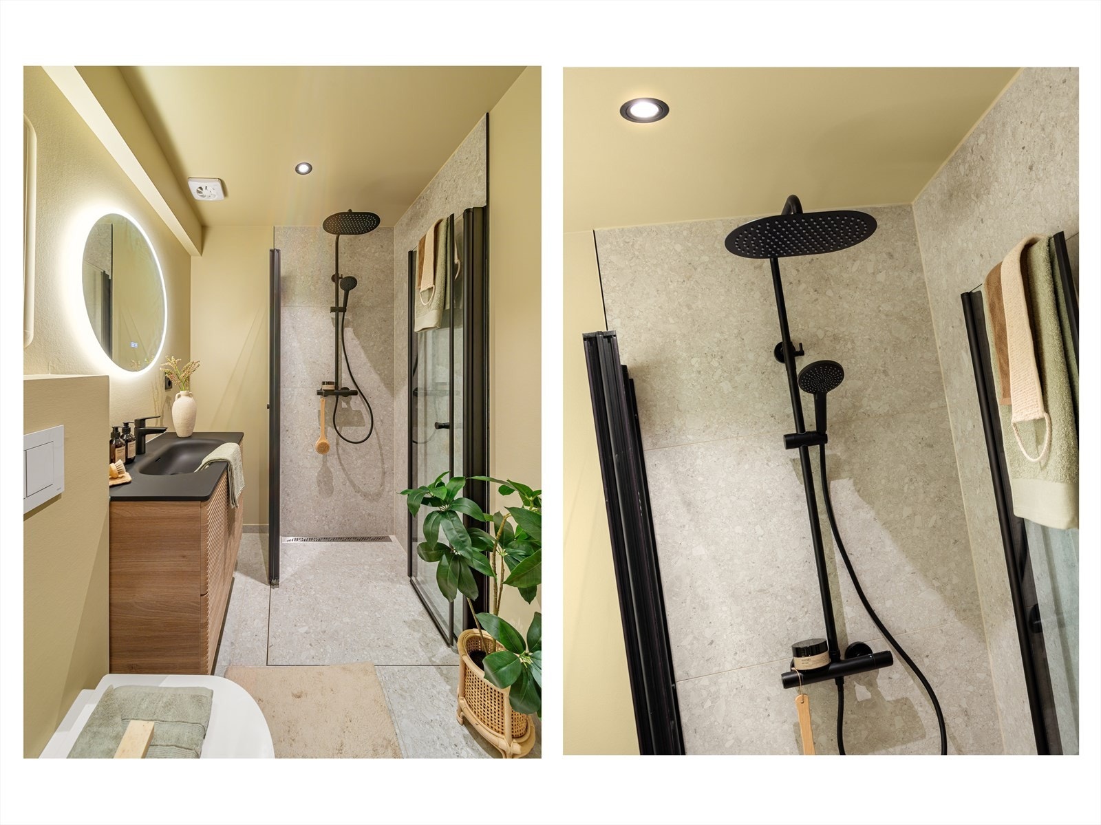 Badet er utstyrt med dusj med glassvegger og vegghengt dusjgarnityr, vegghengt toalett, servantinnredning samt opplegg for vaskemaskin. Galleribilde