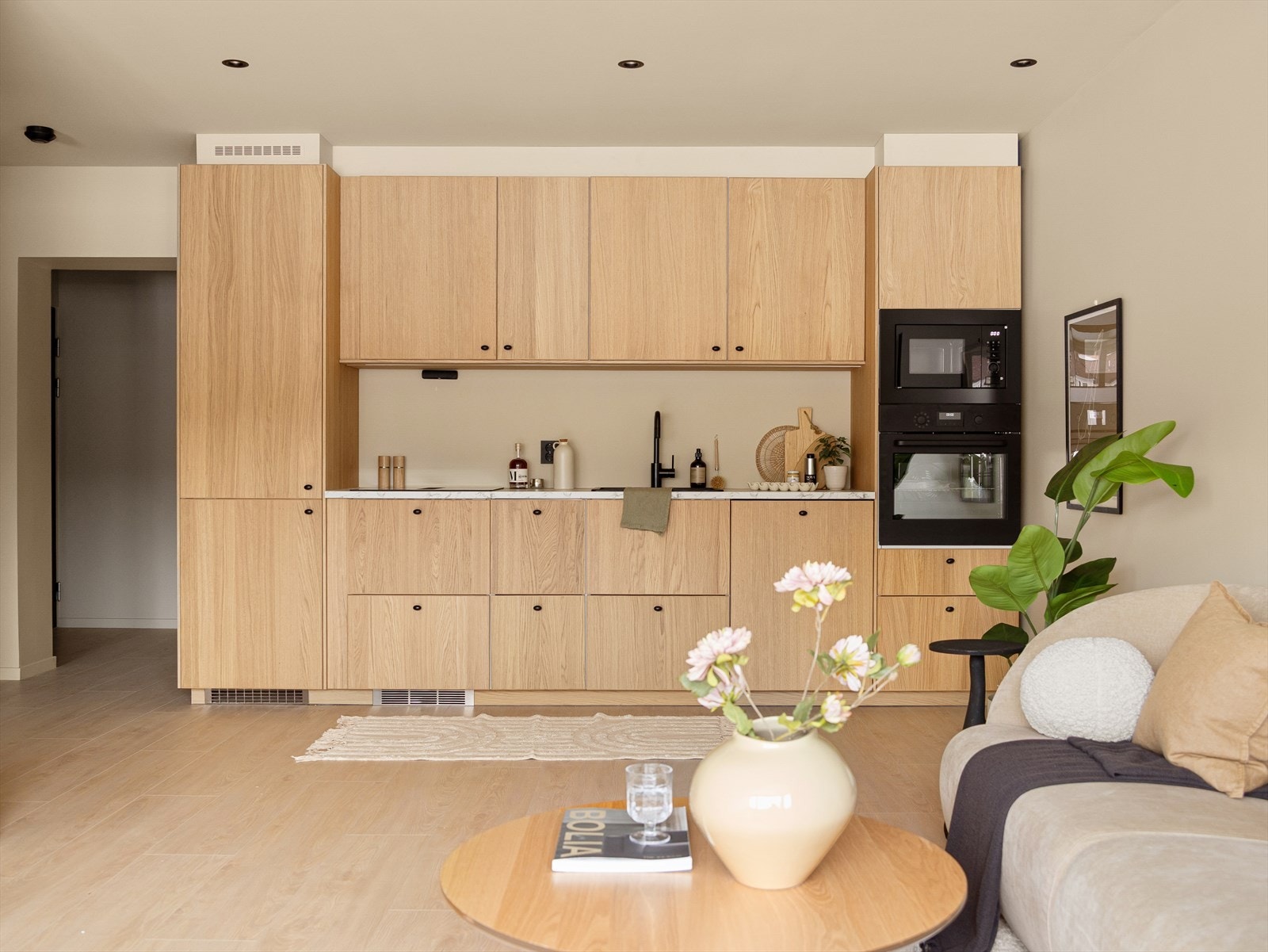 Integrerte hvitevarer inkluderer kombiskap, oppvaskmaskin, stekeovn, mikrobølgeovn og ventilator Galleribilde