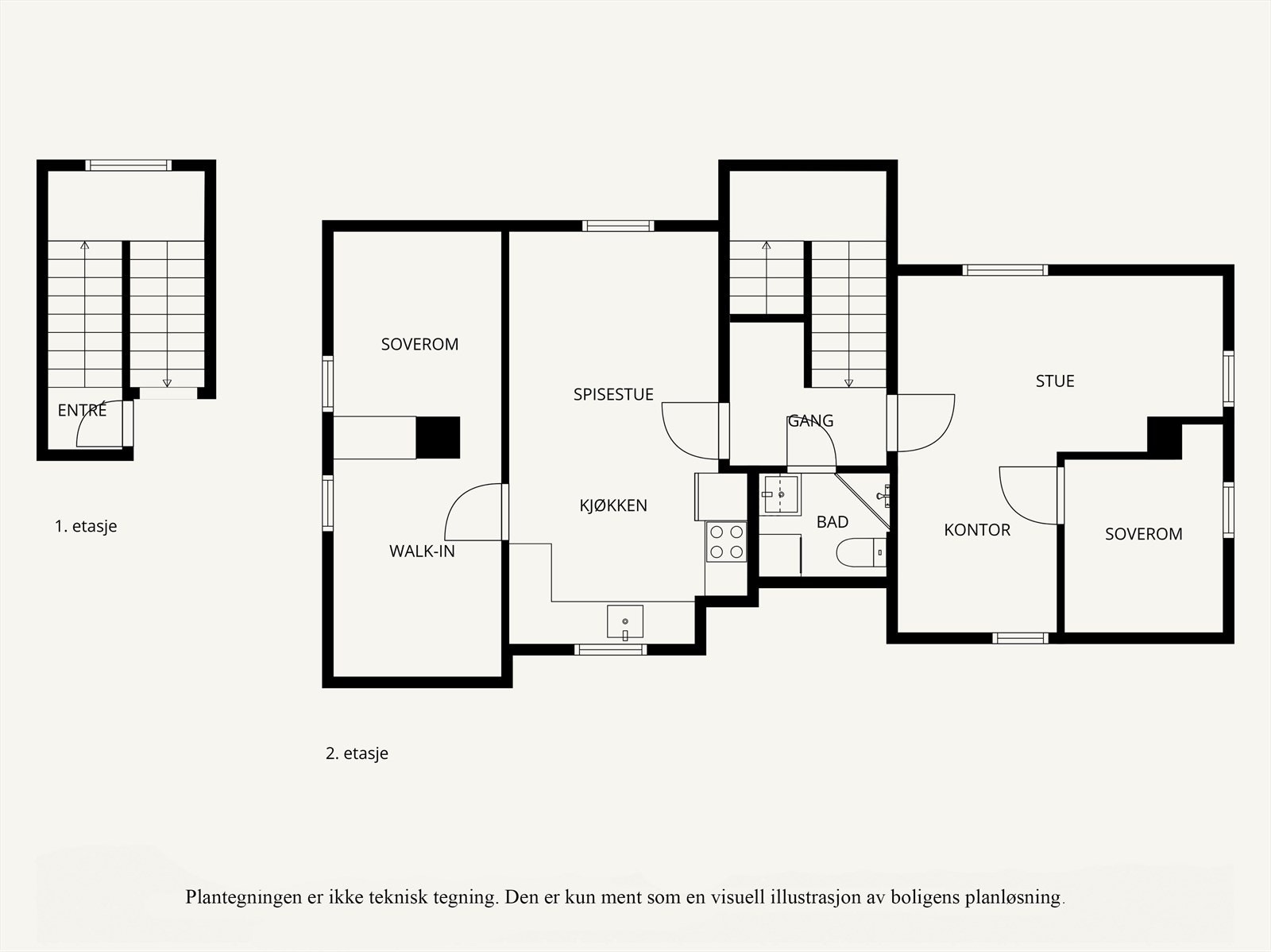 Leiligheten har et bruksareal (BRA-i) på ca. 58 kvm og inneholder entré, gang, stue, kjøkken, bad/vaskerom, soverom samt et innredet rom med fleksible bruksmuligheter. I tillegg medfølger ekstern bod på ca. 4,8-5 kvm (BRA-e) for praktisk lagring. Galleribilde