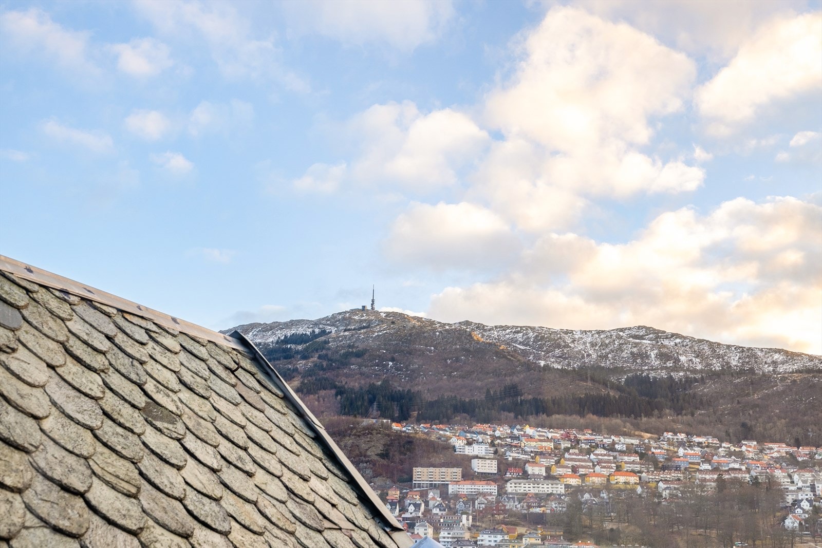 Taket er tekket med skifer. I tidligere salgsannonse opplyses det at det ble utført kontroll og vedlikeholdsarbeid i 2017, inkludert arbeid på ventilhetter, pipe og beslag ved takvinduer. Galleribilde