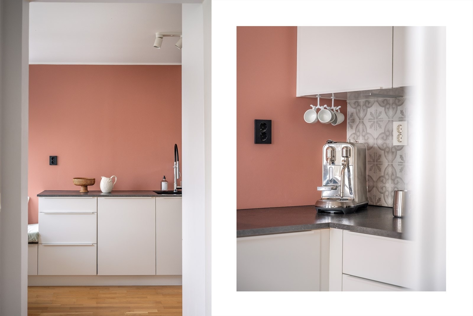 Her er alle hvitevarer integrert, herunder kjøleskap med fryser, komfyr, induksjonstopp og oppvaskmaskin. Vaskekum nedfelt i laminat benkeplate. Galleribilde