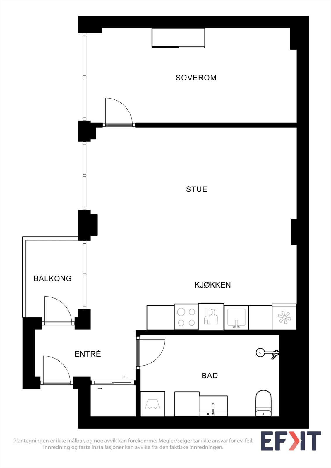 Leiligheten har en arealeffektiv planløsning med åpen stue- og kjøkkenløsning, ett soverom og bad. Galleribilde