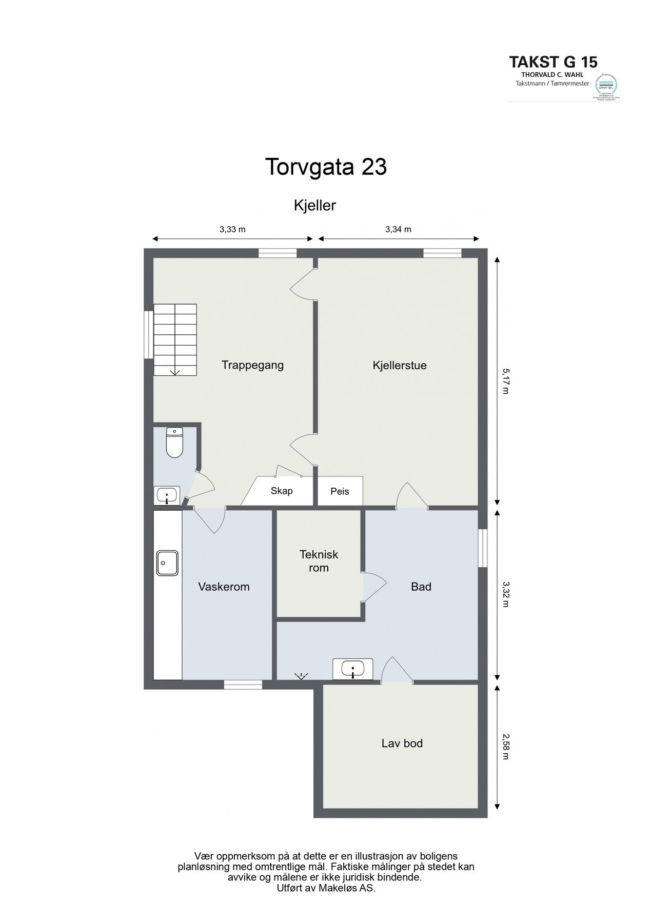 Plantegning underetasje. Rommene er ikke godkjent for varig opphold som f.eks. stue/soverom. Galleribilde