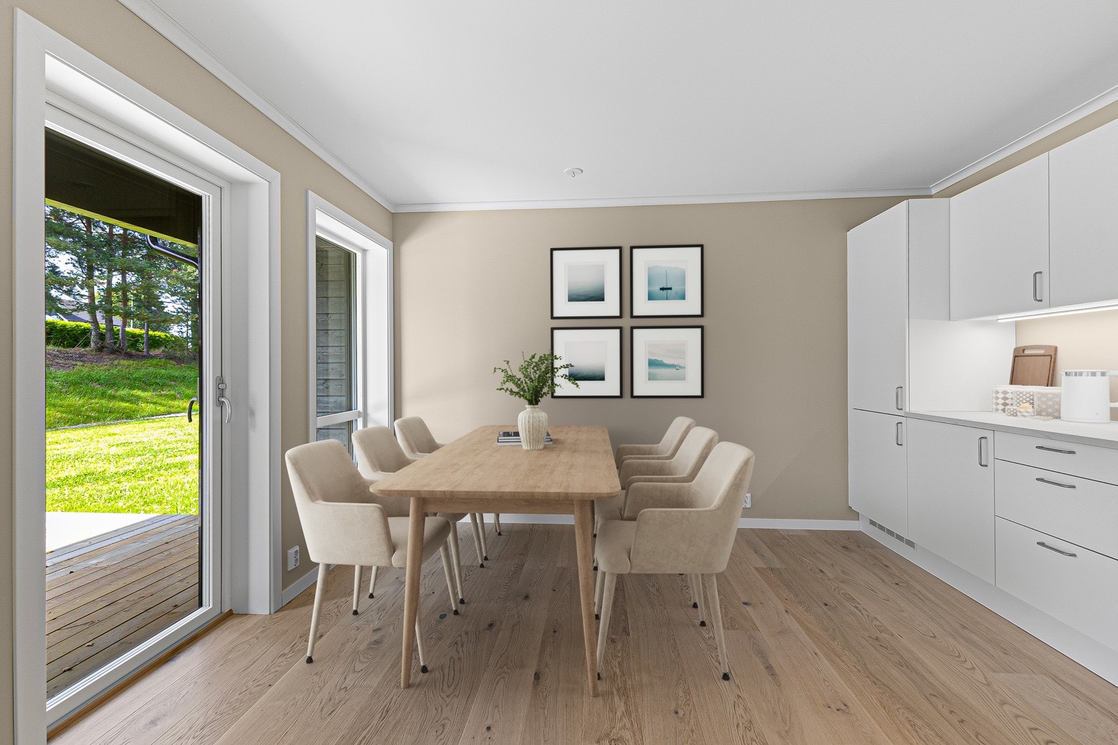 Flott kjøkken fra Norema med hvite, slette fronter (Digital styling) Galleribilde