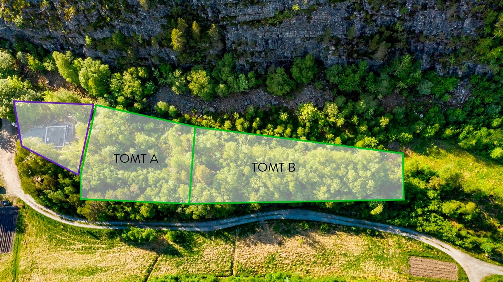 Oversiktisbilde over tomtene. Tomt A er på 909 kvm, mens tomt B er på 1288 kvm. Galleribilde