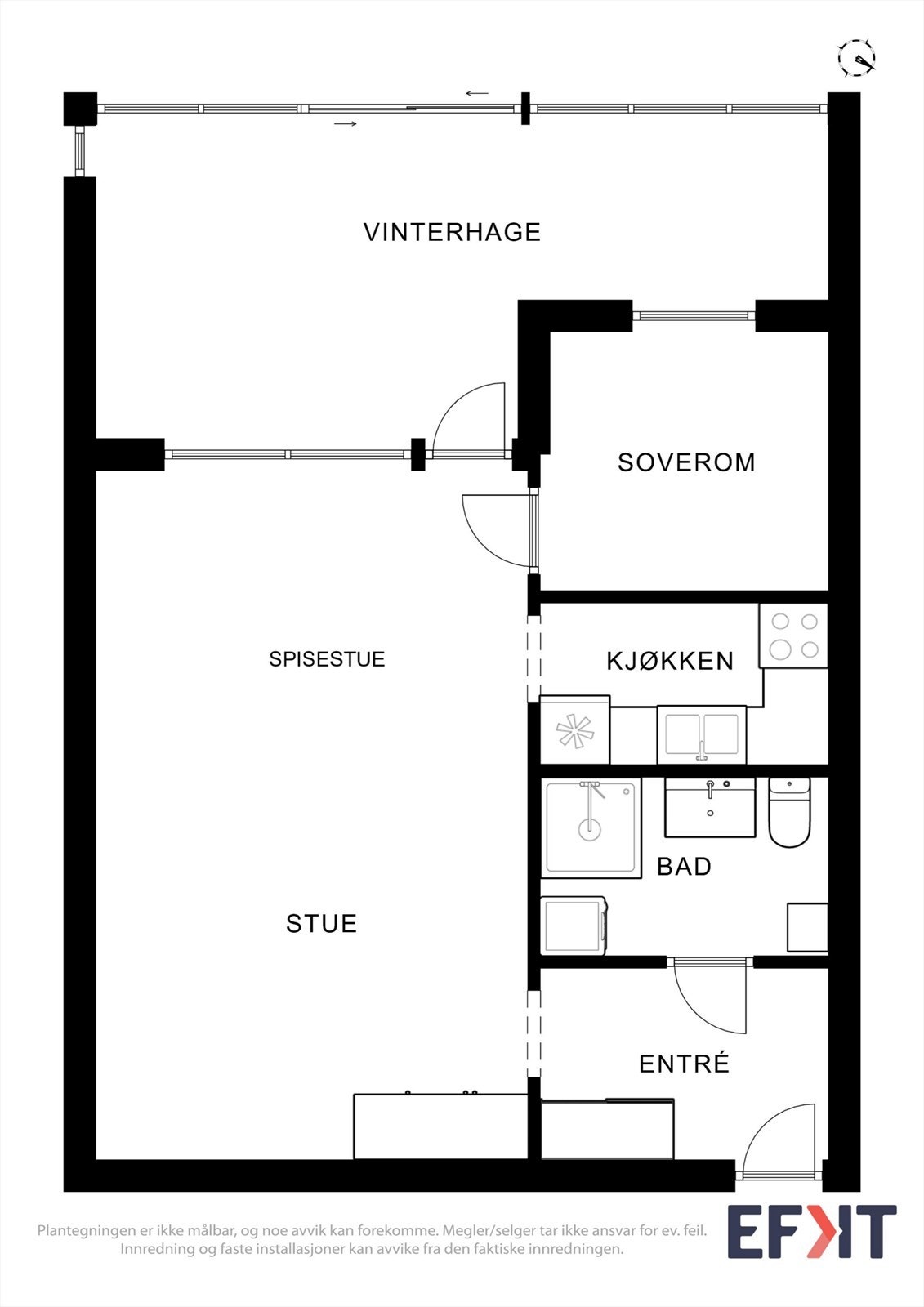 Plantegningen viser en arealeffektiv leilighet med alle rom på ett plan. Galleribilde