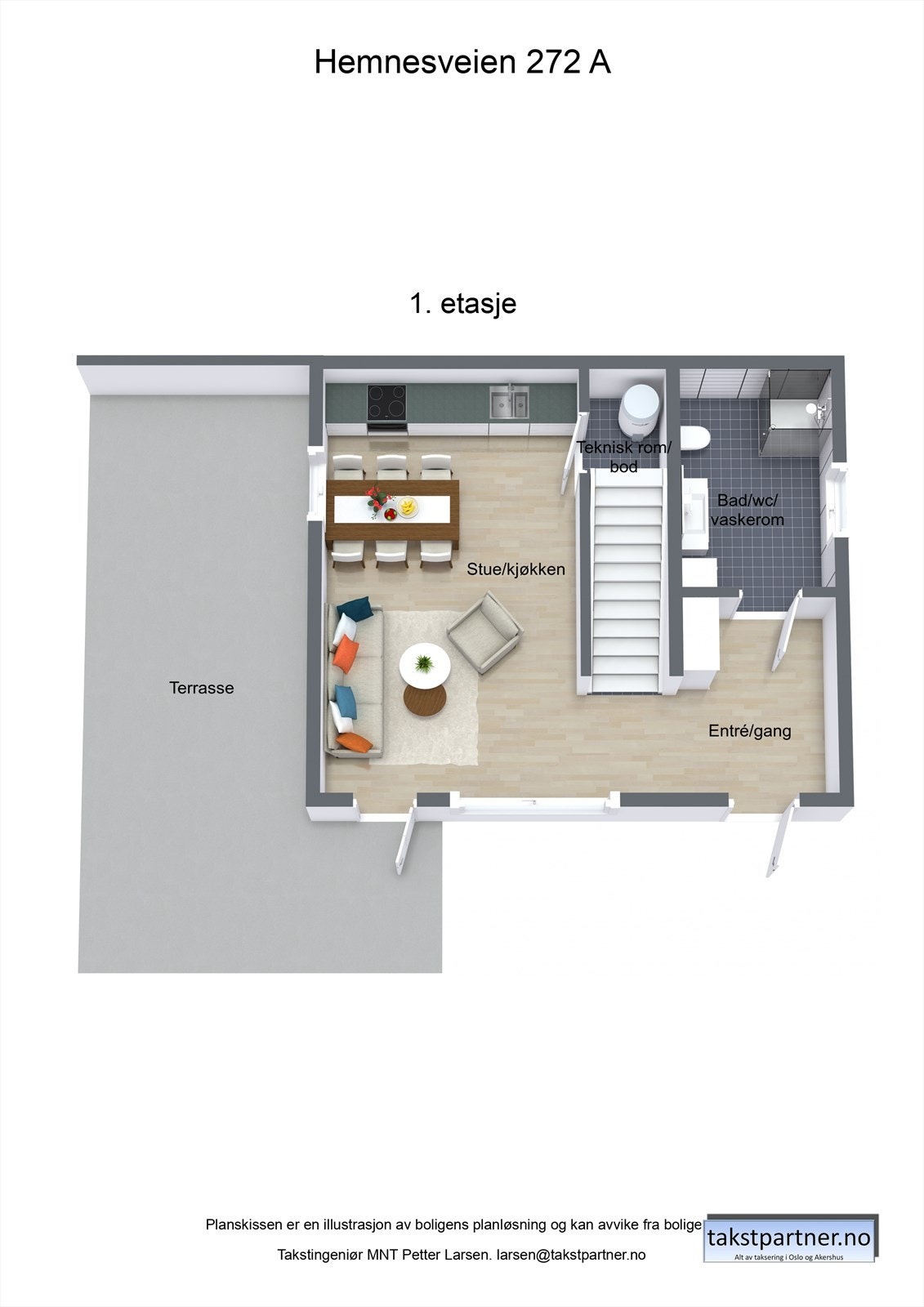 Hemnesveien 272B er en stilren og moderne 3-roms leilighet med god planløsning over to etasjer. Galleribilde