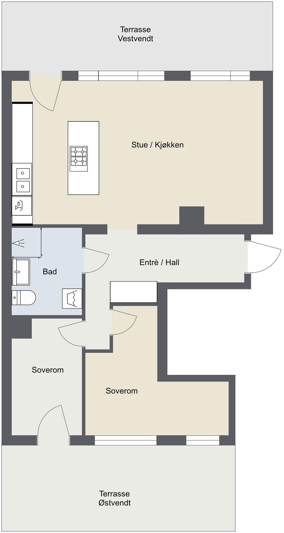 Alternativ planløsning med åpen stue/kjøkken løsning og to soverom mot bakgård. Galleribilde