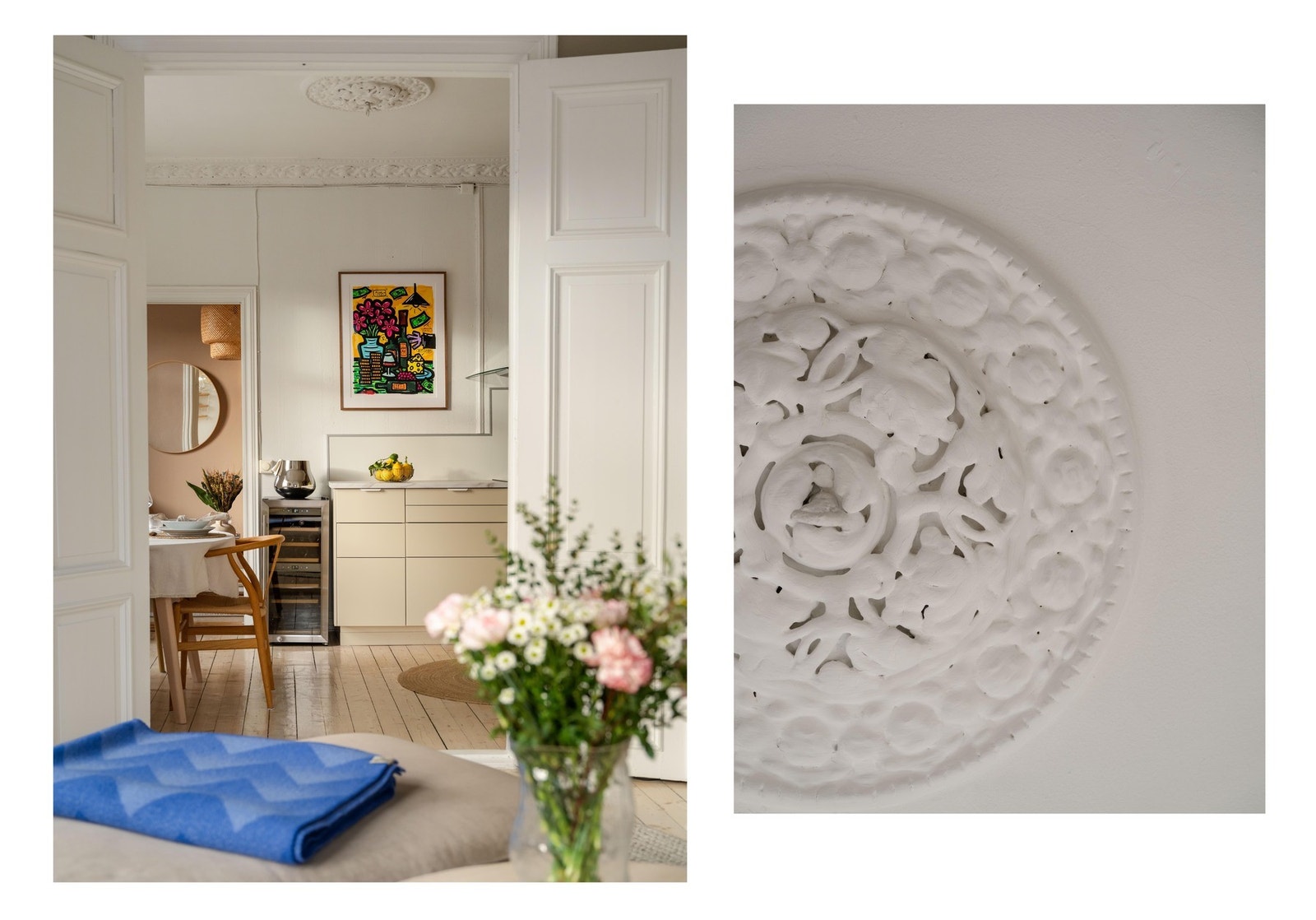 Doble fløydører mellom stue og kjøkken kan åpnes og lukkes. En praltisk egenskap dører ofte har. Galleribilde