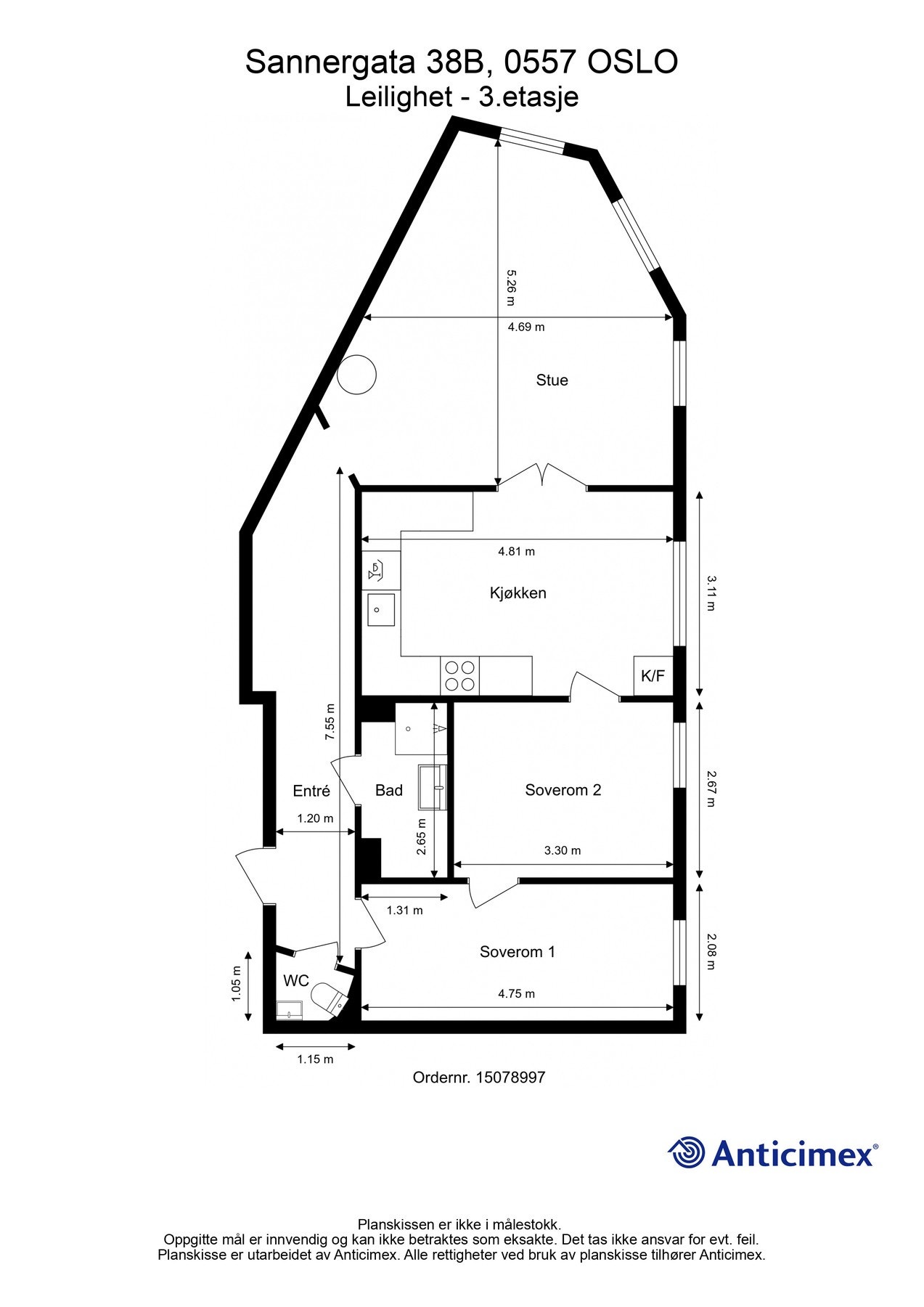 Før vi blar videre tar vi en titt på boligens planskisse slik at du får orientert deg litt. I tillegg til innvendig areal, disponerer boligen en kjellerbod på 12 kvm. Galleribilde