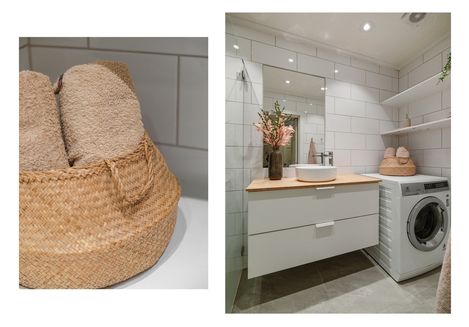 Badet består av flislagt gulv, vegghengt servantskap, dusjhjørne og opplegg til full størrelse vaskemaskin. Galleribilde