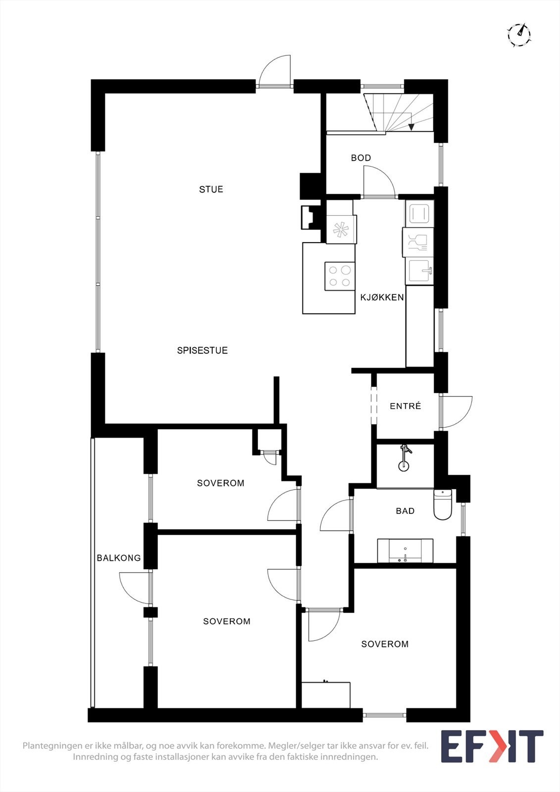 Hovedetasjen har en arealeffektiv planløsning med tre soverom, bad og åpen stue- og kjøkkenløsning. Galleribilde