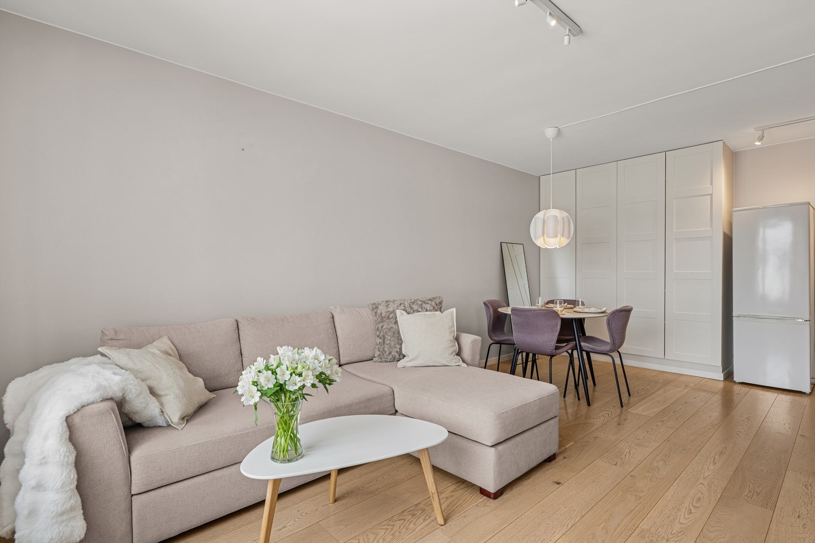 På gulvet er det parkett, veggene malt i en delikat lysgrå tone. Garderobe for oppbevaring av ytterjakker og andre ting som må gjemmes unna Galleribilde