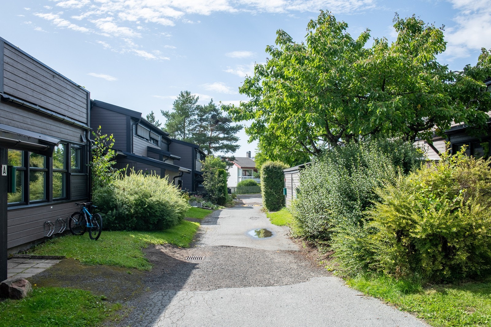 Barnevennlig og bilfritt tun med lekeplasser og sittegrupper Galleribilde