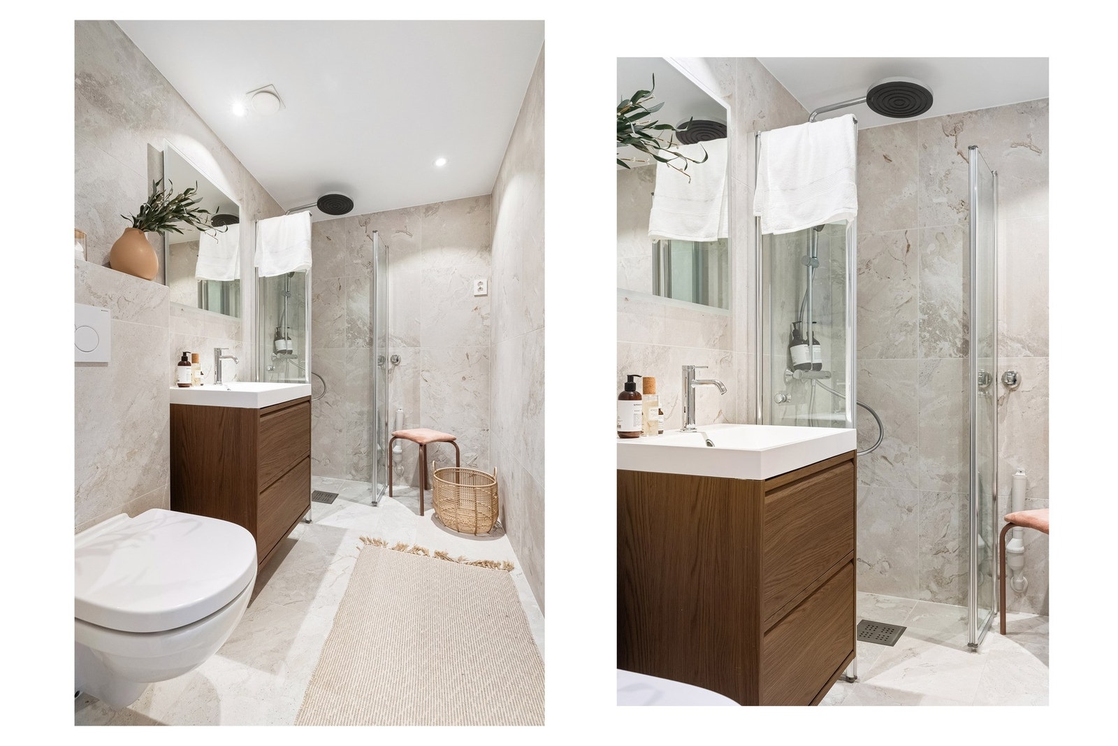 Varmekabler i gulv, opplegg for vaskemaskin og romslig dusjhjørne med både waterfall- og hånddusj. Galleribilde