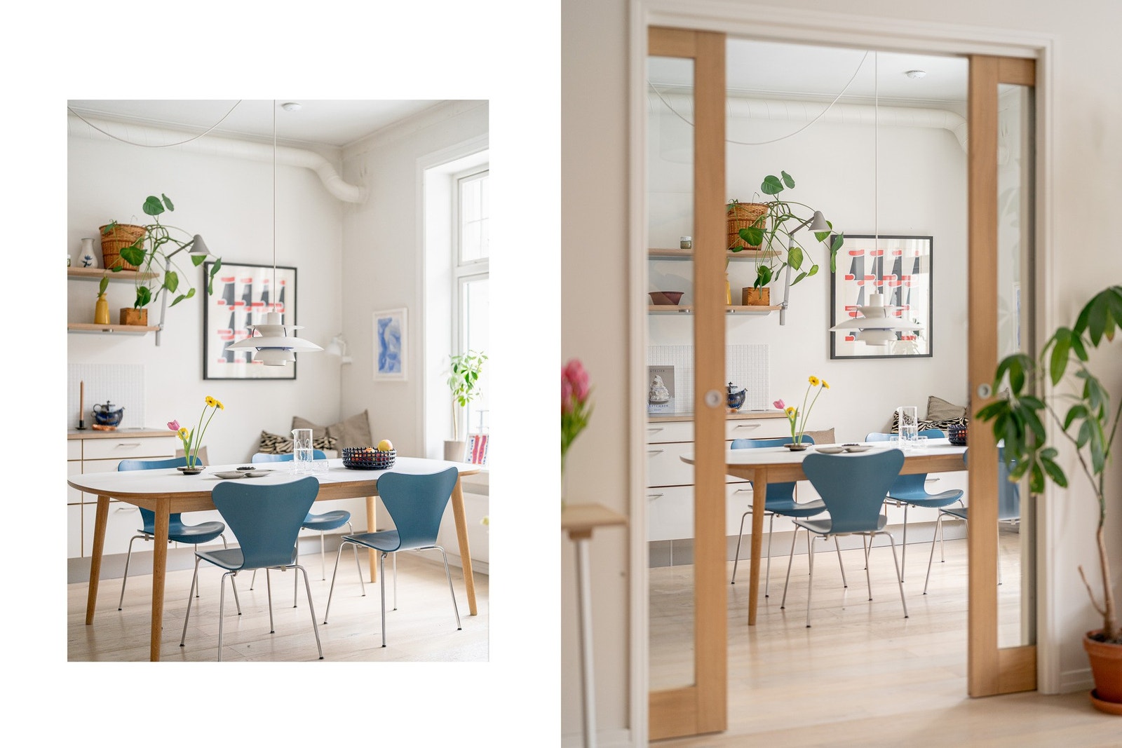 Stuen og kjøkken lukkes av enkelt med spesialtilpassede skyvedører. Galleribilde