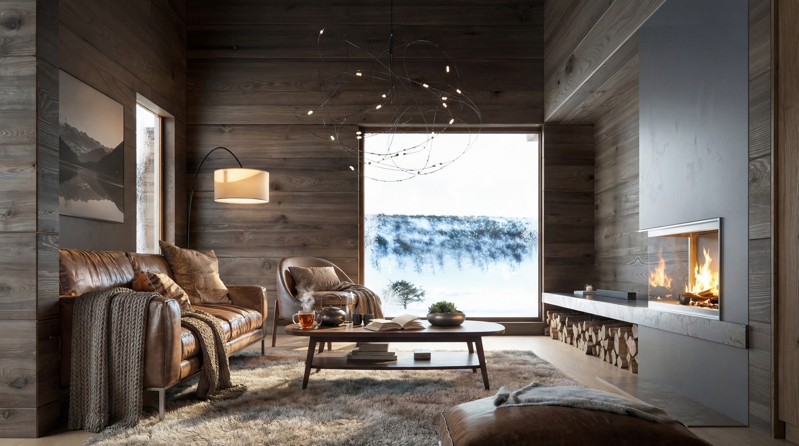 Stuen har god plass, åpen løsning mot kjøkkenet og en lun peis - alt med nydelig utsikt (illustrasjon, avvik kan forekomme) Galleribilde