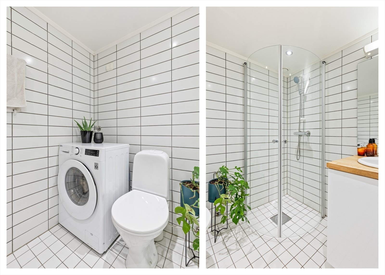 Dusjsonen er etablert i hjørne med glassdører og veggmontert blandebatteri. Videre er det montert et gulvstående toalett. Rommet ventileres via mekanisk avtrekk med ventil i himling Galleribilde