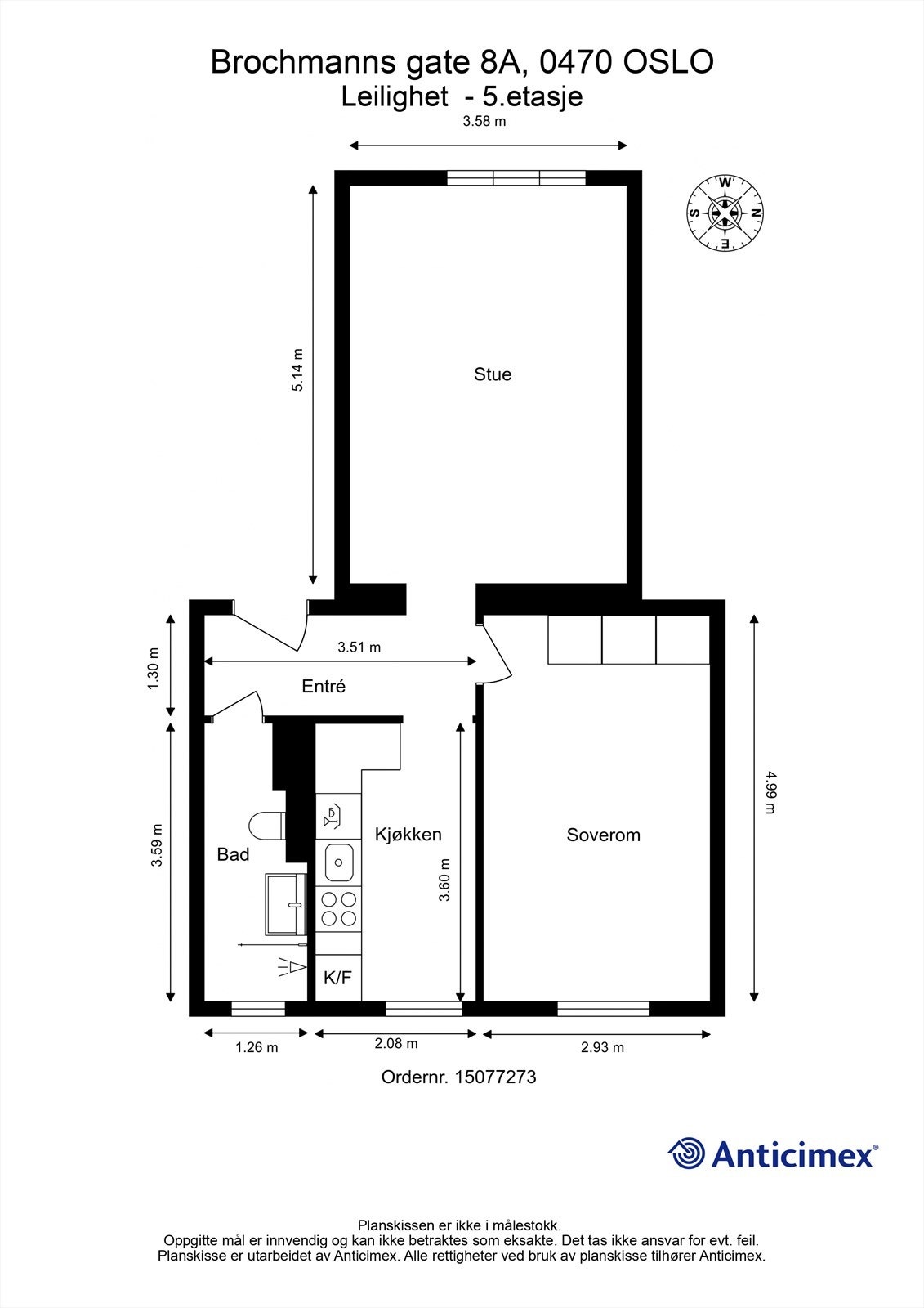 Plantegning. Lys og romslig 2-roms leilighet med mye lysinnslipp fra begge sider. Galleribilde