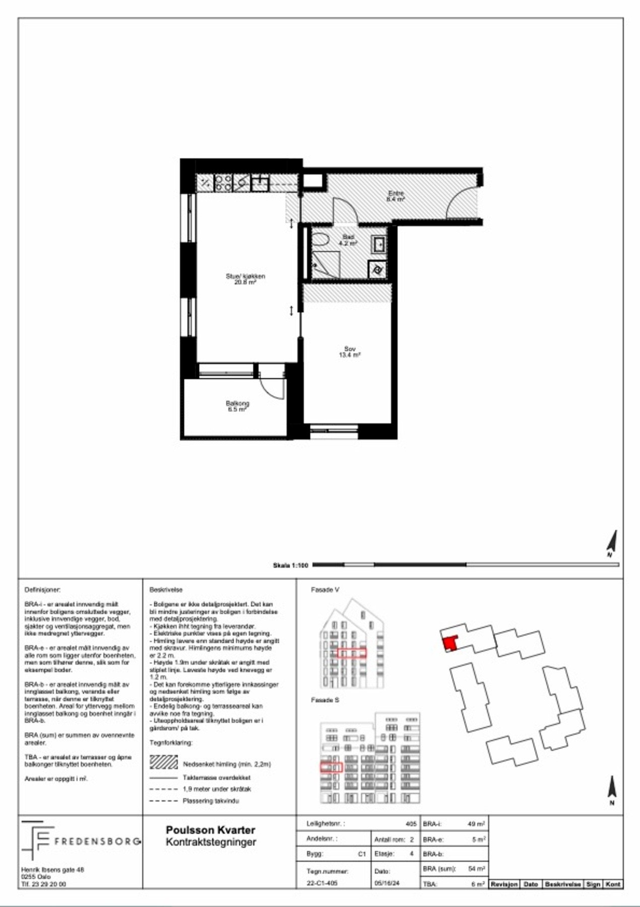 Plantegning: Hjørneleilighet i fjerde etasje med vindu mot syd og vest inneholder entré, stue/kjøkken, baderom og soverom. Galleribilde