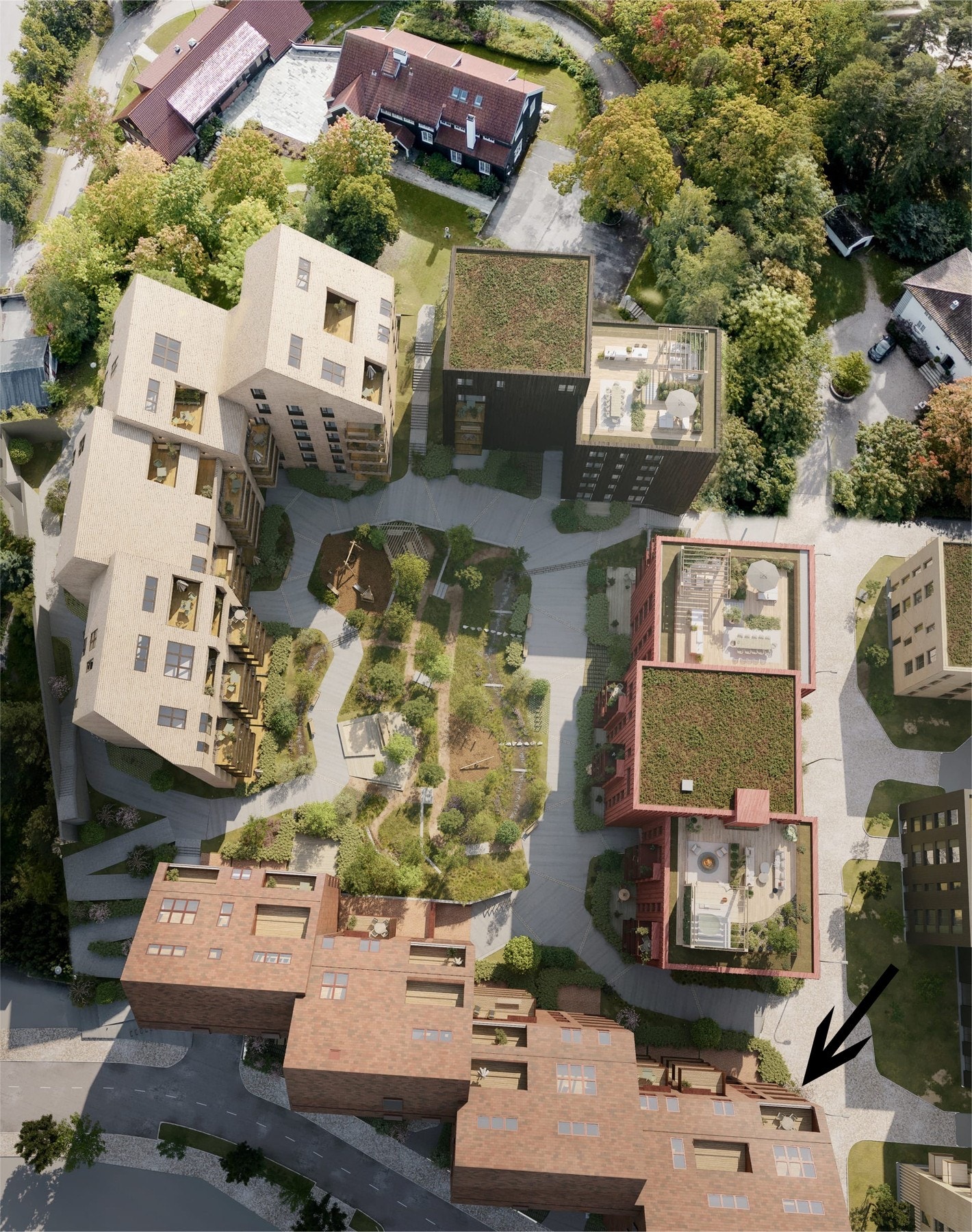 Poulssons kvarter er designet av Add Arkitekter med mål om å integrere moderne boliger i områdets eksisterende natur og historie. Galleribilde