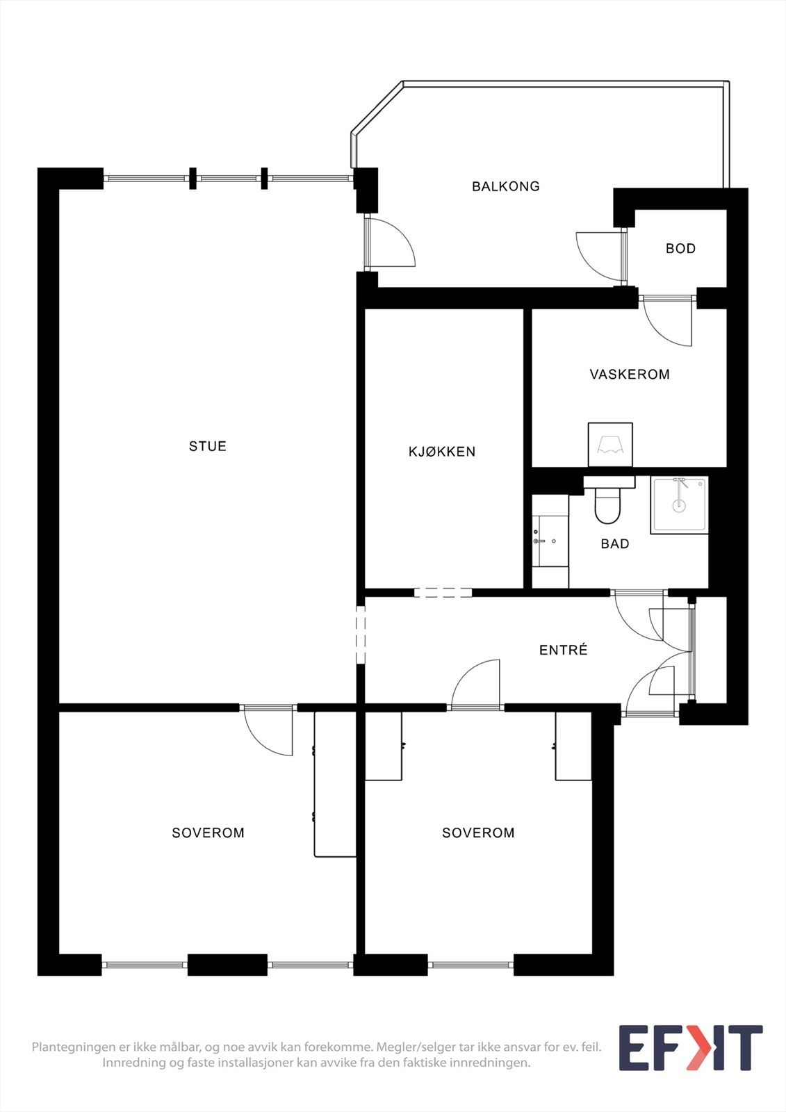 Leiligheten har en god og arealeffektiv planløsning som fordeler 77 m² over to soverom, stue, kjøkken og bad. Galleribilde