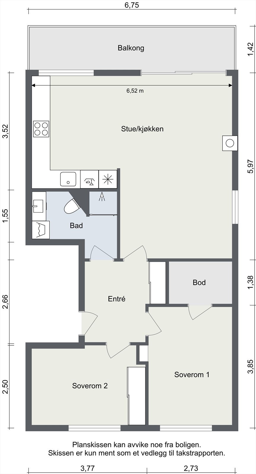 Leiligheten har en arealeffektiv planløsning med to soverom, bod og åpen stue-kjøkkenløsning. Galleribilde