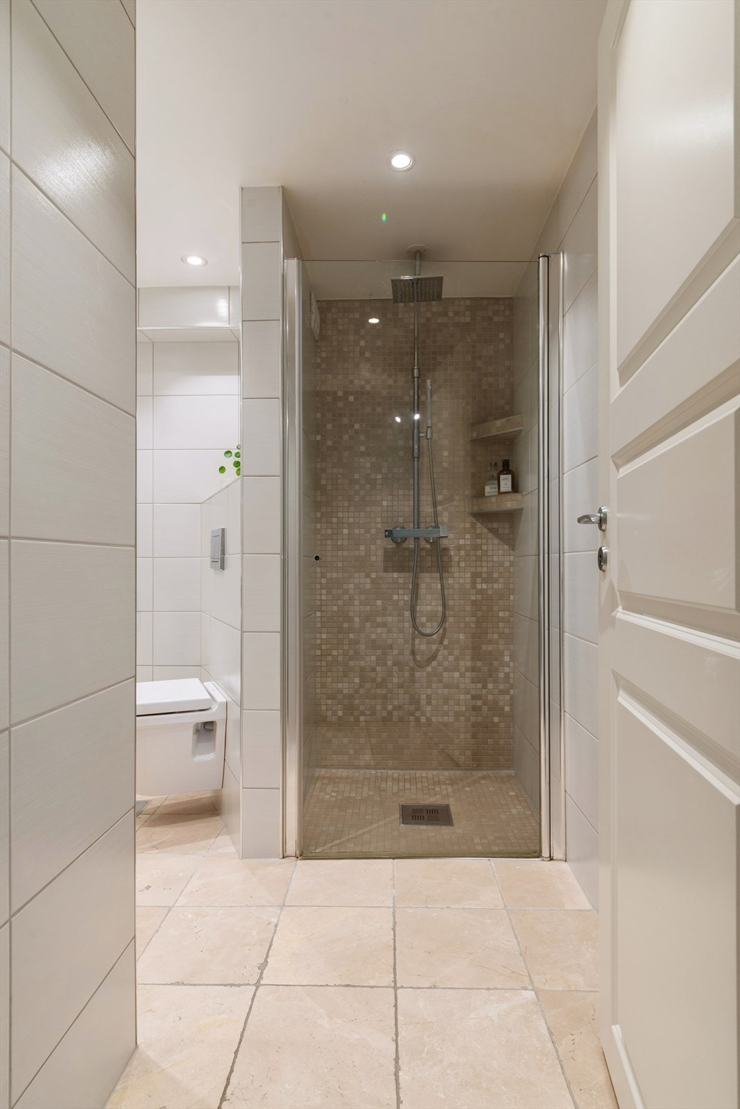 Dusjnisje med svingbare glassdører og et vegghengt toalett gir et rent og ryddig uttrykk. Galleribilde