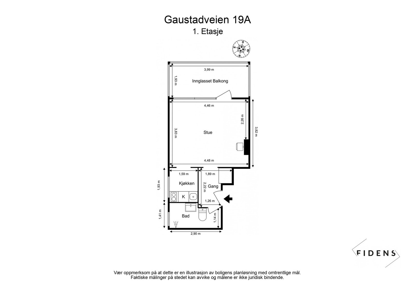 Planløsning som inneholder praktisk entré/gang, lys stue, separat kjøkken, tidløst baderom og innglasset balkong. Galleribilde