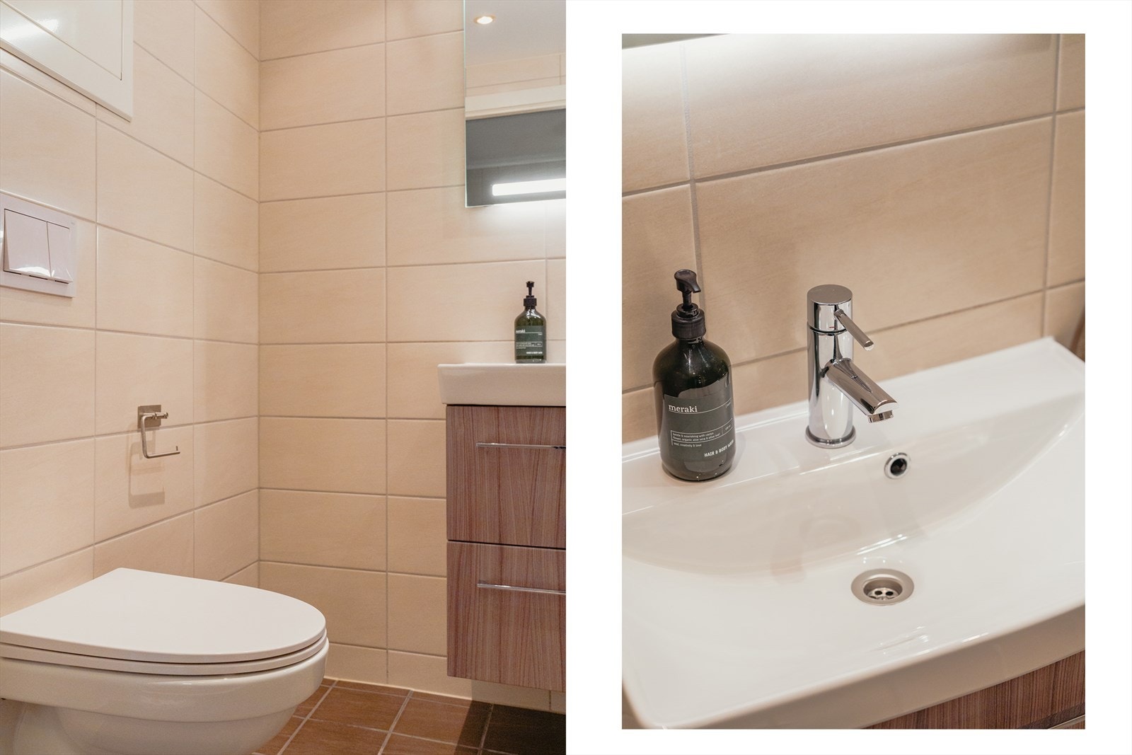 Det inneholder baderomsinnredning med nedfelt servant, vegghengt toalett, dusj og opplegg for vaskemaskin Galleribilde