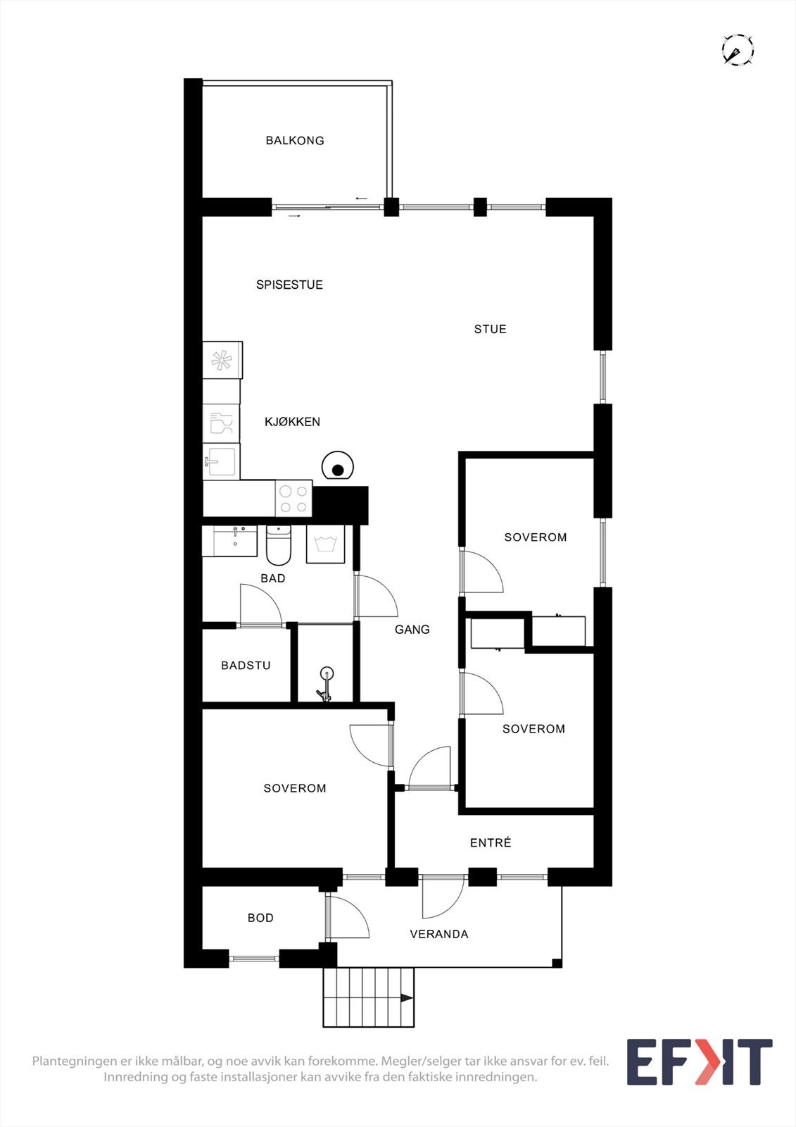 Leiligheten har en effektiv planløsning på 66 m² med tre soverom, bad, badstue og åpen stue-kjøkkenløsning. Galleribilde