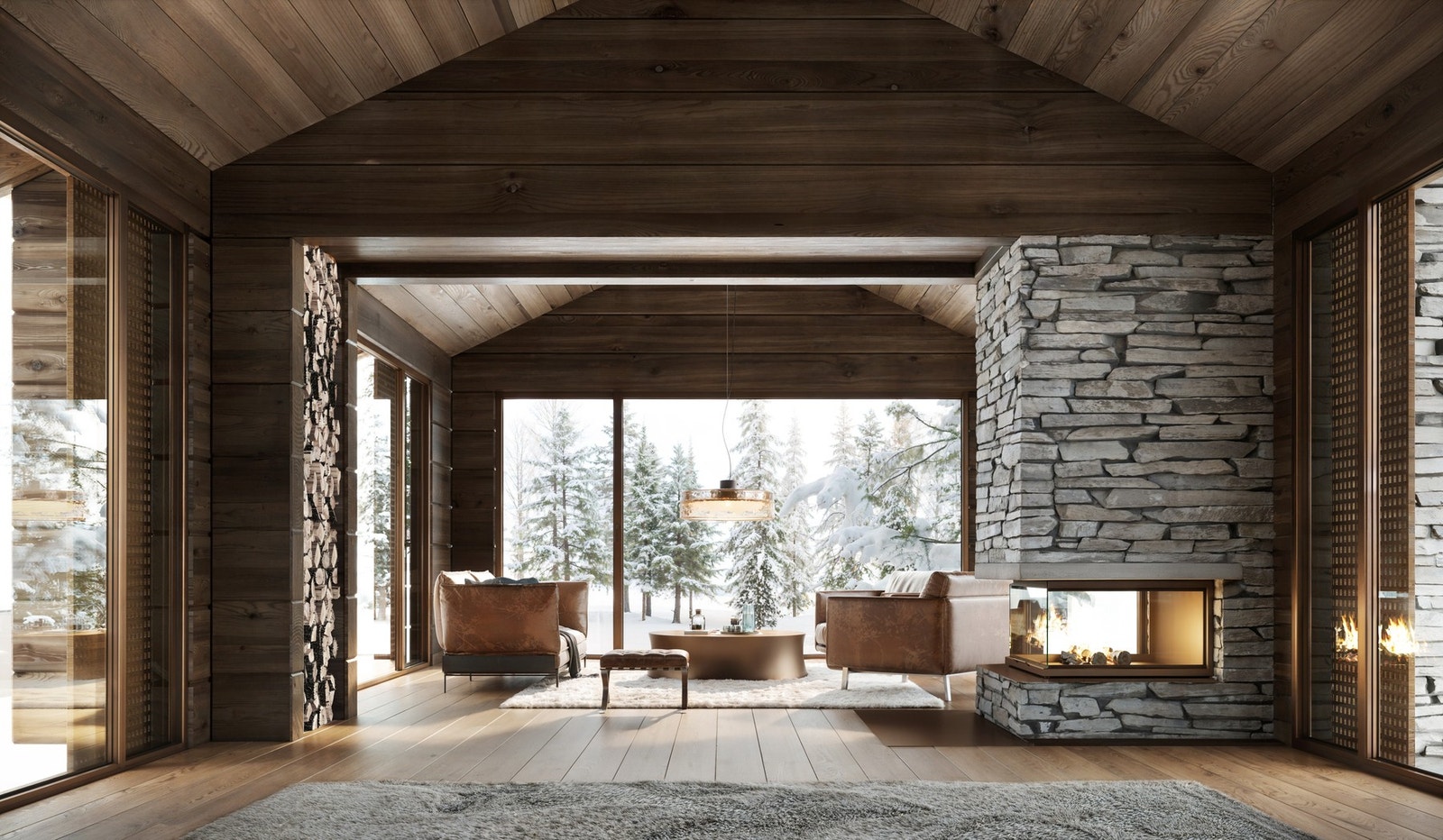 Hytten har laftet vegger, 1-stavs eikeparkett, lekker peis, moderne tekniske løsninger og gjennomgående premium standard Galleribilde