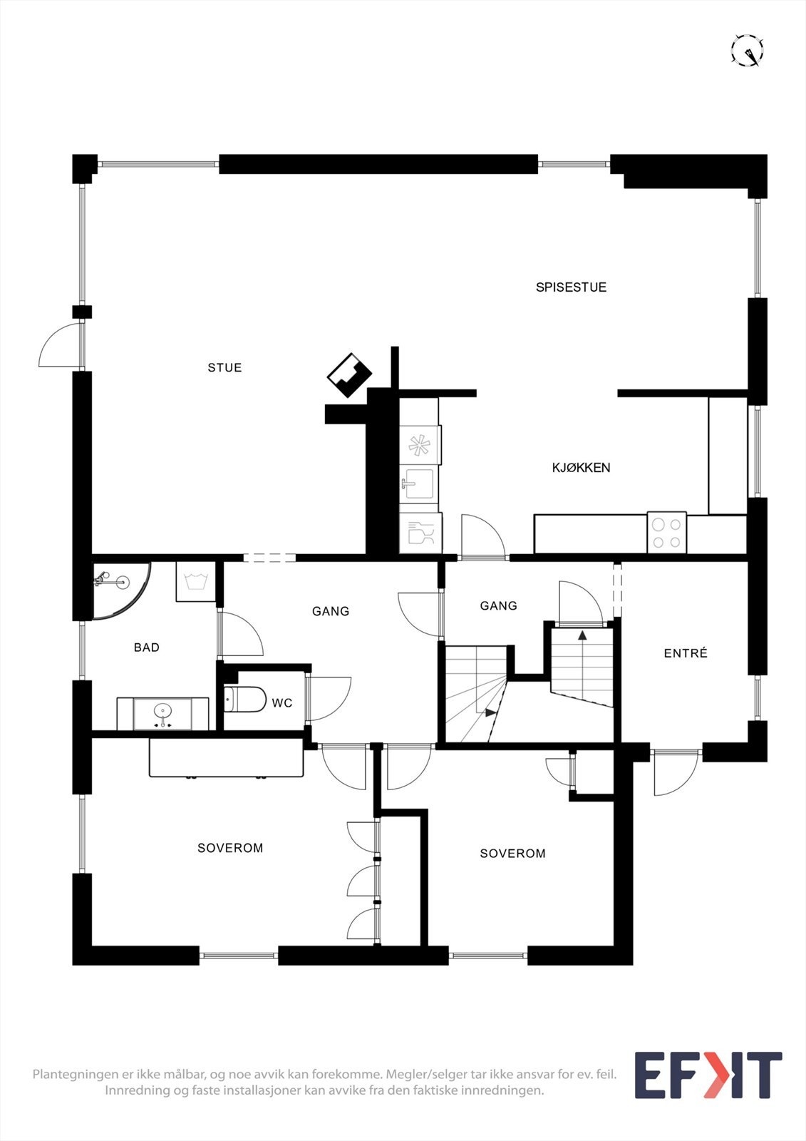 Første etasje utgjør en egen boenhet med entré, stue, kjøkken, to soverom, bad og toalettrom. Galleribilde