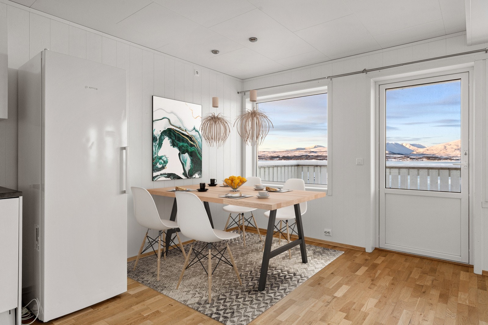 Naturlig plass til spisebord ved kjøkkenet. (Digital styling ment som illustrasjon - avvik kan forekomme) Galleribilde