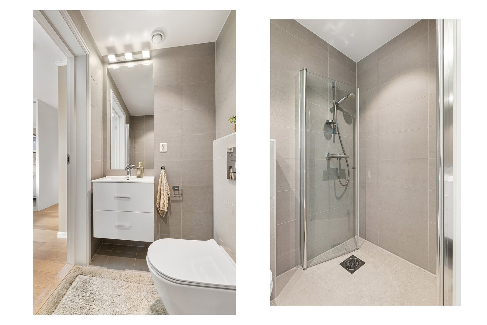 Badet er innredet med vegghengt servantskap i slett design med ovenpåliggende servant, samt speil med belysning. Galleribilde