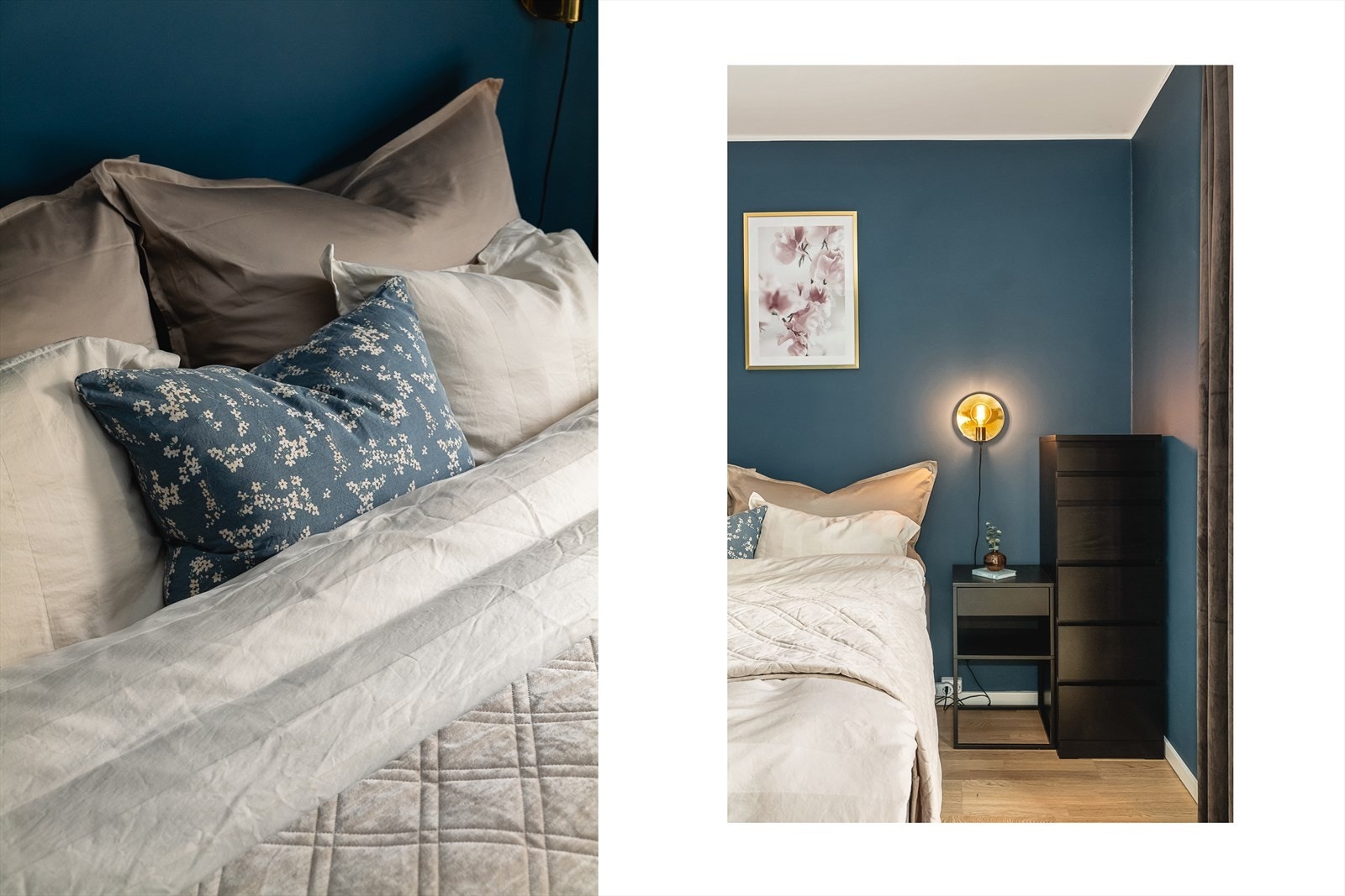 Også soverommet er malt i en tidløs blåfarge - hakket mørkere enn den som er valgt i stuen. Galleribilde