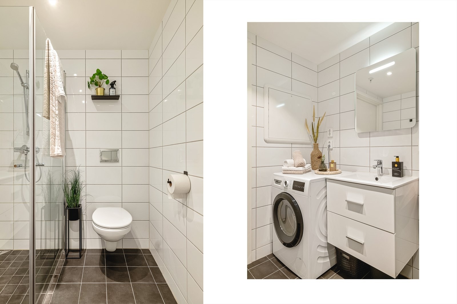 Baderommet har tidløst flisevalg på gulv og vegger. Varmekabler i gulv og downlights i himling. Galleribilde