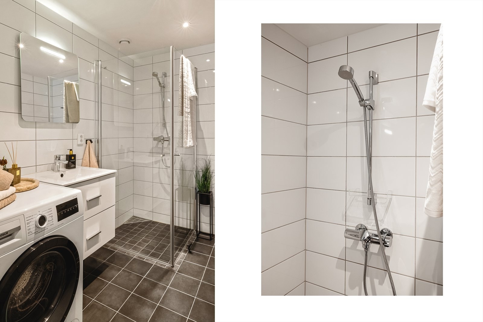 Baderommet er innredet med vegghengt toalett, baderoms innredning med oppbevaring, speil med belysning, opplegg for vaskemaskin og tørketrommel - samt innfellbare dusjvegger i glass. Galleribilde